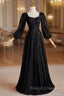Black Lace Long Sleeve Square Neck Pearls Prom Dresses