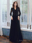 Black Long Sleeves V-Neckline Tulle With Lace Prom Dresses Black Prom Dresses