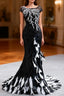 Black Mermaid Sequins Cap Sleeve Feather Prom Dresses