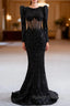 Black Mermaid Sequins Pearls Long Sleeve Prom Dresses