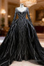 Black Mermaid Tulle Long Sleeve Sequins Prom Dresses With Detachable Train