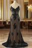 Black Mermaid V Neckline Straps Lace Prom Dress, Black Mermaid Prom Dress