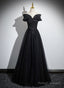 Black Off Shoulder A-Line Tulle With Lace Party Dress, Black Long Prom Dress