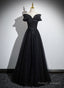 Black Off Shoulder A-Line Tulle With Lace Prom Dresses Black Long Prom Dresses