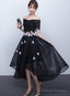 Black Off Shoulder High Low Party Dresses With Flower Lace, Black Short Homecoming Dresses