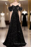 Black Off Shoulder Sequin Long Prom Dress Evening Dress With Bow Knot