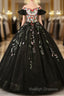 Black Off Shoulder Tulle Ball Gown Sweet 16 Dress, Black Floral Prom Dress Party Dress