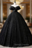 Black Off Shoulder Tulle Long Prom Dress, Black Formal Evening Dresses