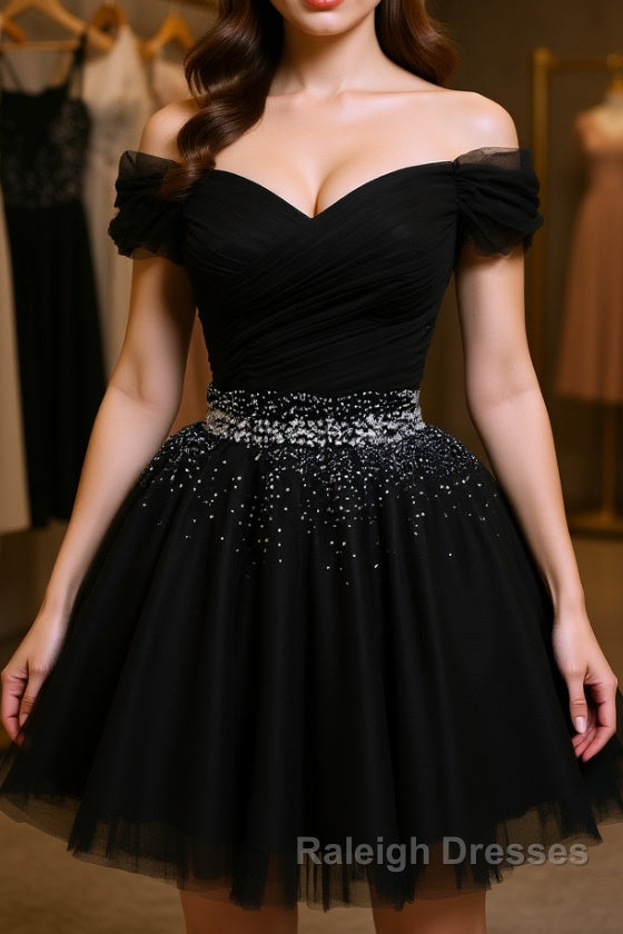 Black Off Shoulder Tulle Sequin Short Prom Dress, Black Homecoming Dre
