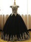 Black Off Shoulder Tulle Sweet 16 Gowns With Gold Applique, Charming Evening Gowns