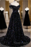 Black Off the Shoulder Beaded Long Formal Dress, Black Shiny Sequins Evening Dress