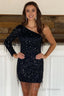 Black One Shoulder Sequins Short Homecoming Dress with Fringes