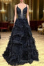 Black Plunge V Spaghetti Strap Ruffle Tiered Long Gowns