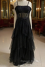 Black Prom Dress, Elegant A-line Layered Tulle Prom Dresses,Sheer Corset Long Evening Dress