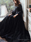 Black Puffy Sleeves Tulle With Lace Long Prom Dresses A-Line Back Long Prom Dresses