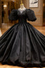 Black Satin Ball Gown Puff Sleeve Prom Dress