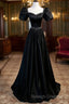 Black Satin Beaded Floor Length Prom Dresses Black A-Line Short Sleeve Prom Dresses