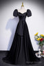 Black Satin Long Prom Dresses A-Line Short Sleeve Prom Dresses