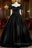 Black Satin Long Prom Dress, Black A-Line Short Sleeve Evening Dress