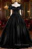 Black Satin Long Prom Dress, Black A Line Short Sleeve Prom Dress