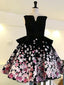 Black Satin Pink Floral Appliques Homecoming Dress