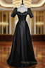 Black Satin Short Sleeve Beading Prom Dresses