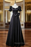 Black Satin Short Sleeve Bow Prom Dress