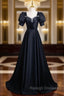 Black Satin Short Sleeve Pleats Prom Dresses