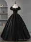 Black Satin Short Sleeves Round Neckline Party Dress, Black Sweet 16 Dress