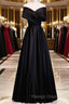 Black Satin Sweetheart Off Shoulder Party Dress, Black A-Line Long Formal Dress