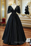 Black Satin V-neck Backless Puff Sleeve Prom Dress