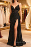 Black Satin With Lace V-Neckline With Leg Slit Prom Dress, Black Prom Dress