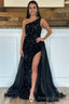 Black Sequin One Shoulder Long Formal Dress with Attached Train