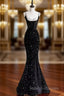 Black Sequins Mermaid Straps Beaded Prom Dress, Black Sequins Prom Dress