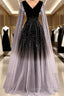 Black Shiny Tulle Gradient Tulle V-Neckline Party Dress, Black Tulle Prom Dress