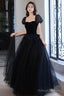 Black Shiny Tulle Long Prom Dresses Black Short Sleeve Prom Dresses