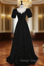 Black Short Sleeve Crystal Prom Dresses