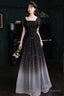 Black Short Sleeves Gradient Tulle With Lace Prom Dresses Black A-Line Prom Dresses