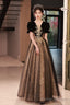 Black Short Sleeves Tulle Long Prom Dresses With Lace Black A-Line Prom Dresses