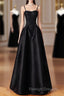 Black Spaghetti Strap Satin Long Prom Dress, Black A-Line Evening Dress