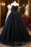 Black Strapless Tulle Long A Line Prom Dress, Black Formal Prom Gowns