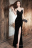 Black Straps Mermaid Velvet Long Prom Dresses With Leg Slit Black Long Prom Dresses