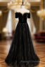 Black Tulle Bateau Short Sleeve Beading Prom Dresses