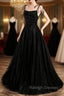 Black Tulle Beaded Long Prom Dress, A Line Spaghetti Straps Prom Dress