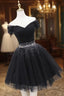 Black Tulle Beaded Short Prom Dress, Off Shoulder Prom Prom Dress