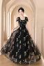 Black Tulle Lace Long Prom Dresses Black A-Line Off The Shoulder Prom Dresses