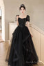 Black Tulle Lace Short Sleeve Floor Length Prom Dresses Black A-Line Prom Dresses