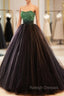 Black Tulle Long Formal Dress with Green Beaded, Black Strapless Prom Dress