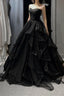 Black Tulle Layers Long A-Line Prom Dresses Black Strapless Prom Dresses