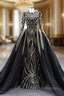 Black Tulle Mermaid Long Sleeve Beading Sequins Prom Dresses With Detachable Train